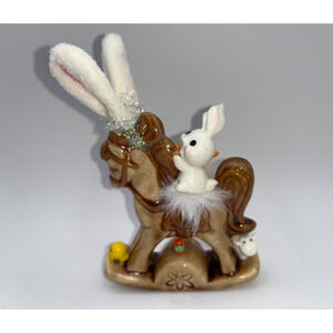 Vintage Ceramic Mini Rocking Horse Easter Bunny Chick Rider Faux Fur saddle OOAK